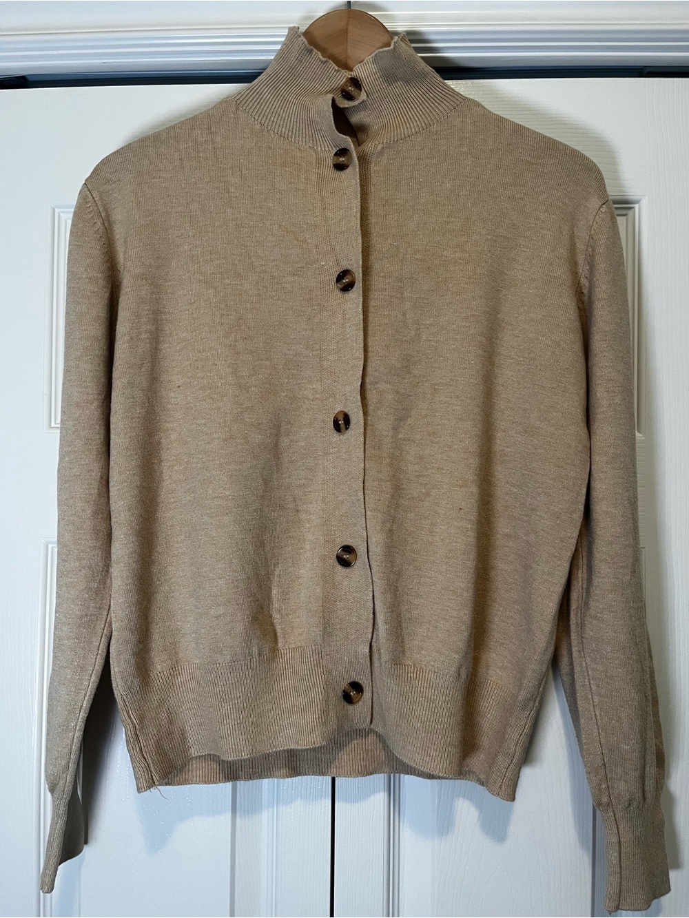 Neutral Tan Button-Front Knit Ruffle Neck Cozy Cardigan S